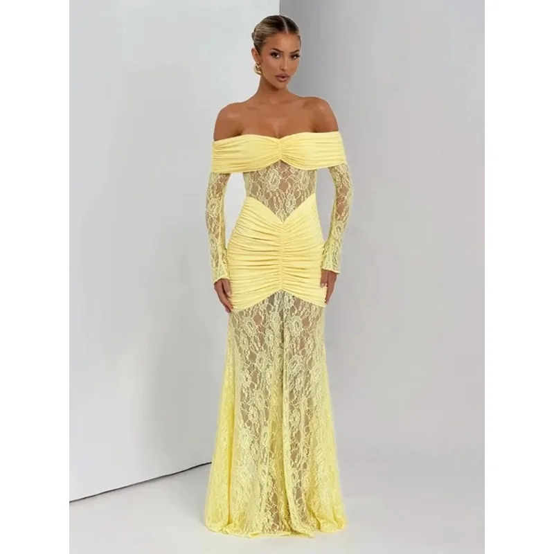 

Women Slash Neck Lace Patchwork Evening Dress Female Off Shoulder Long Sleeve See-through Folds Party Dresses Long Gown