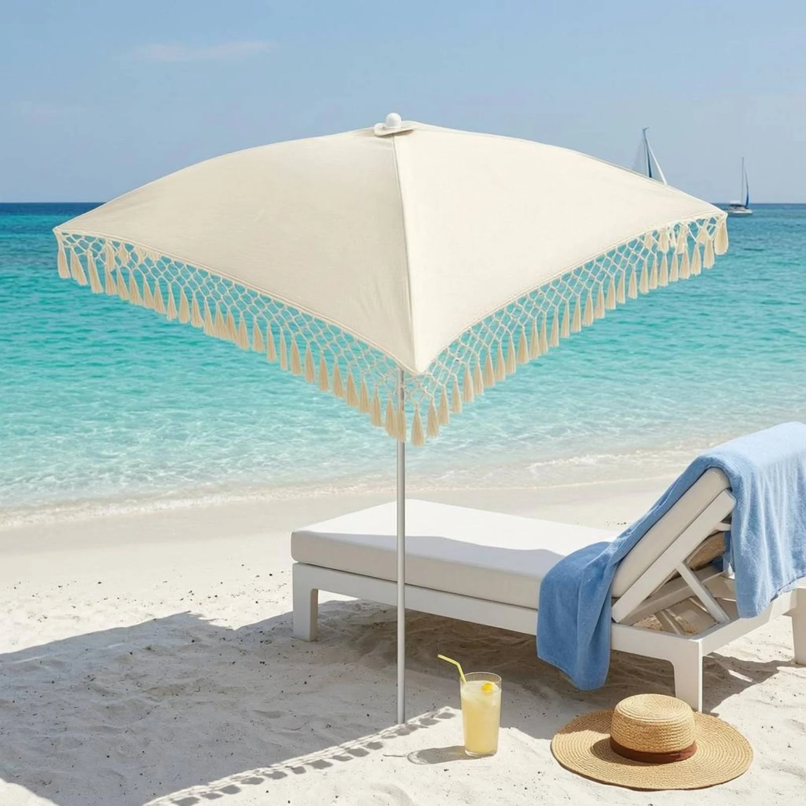 Mesh Fringe Sunshade Umbrella Foldable Square Sunshade with Straight Pole for Garden