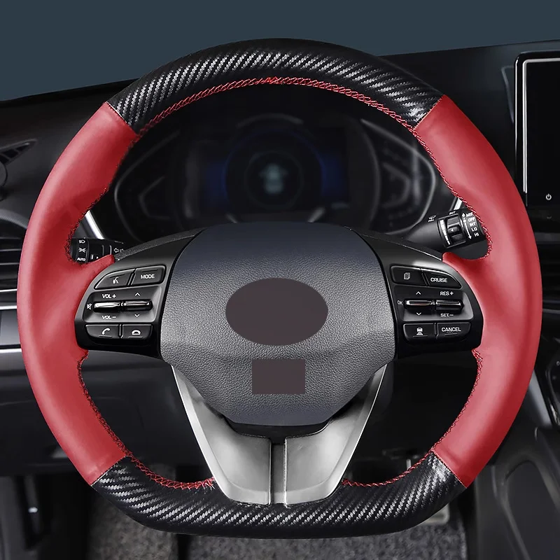 Matt Carbon Fiber and Red Leather Full Wrap Hand Stitching Car Steering Wheel Cover Car Accessoires for Hyundai La Festa Elantra