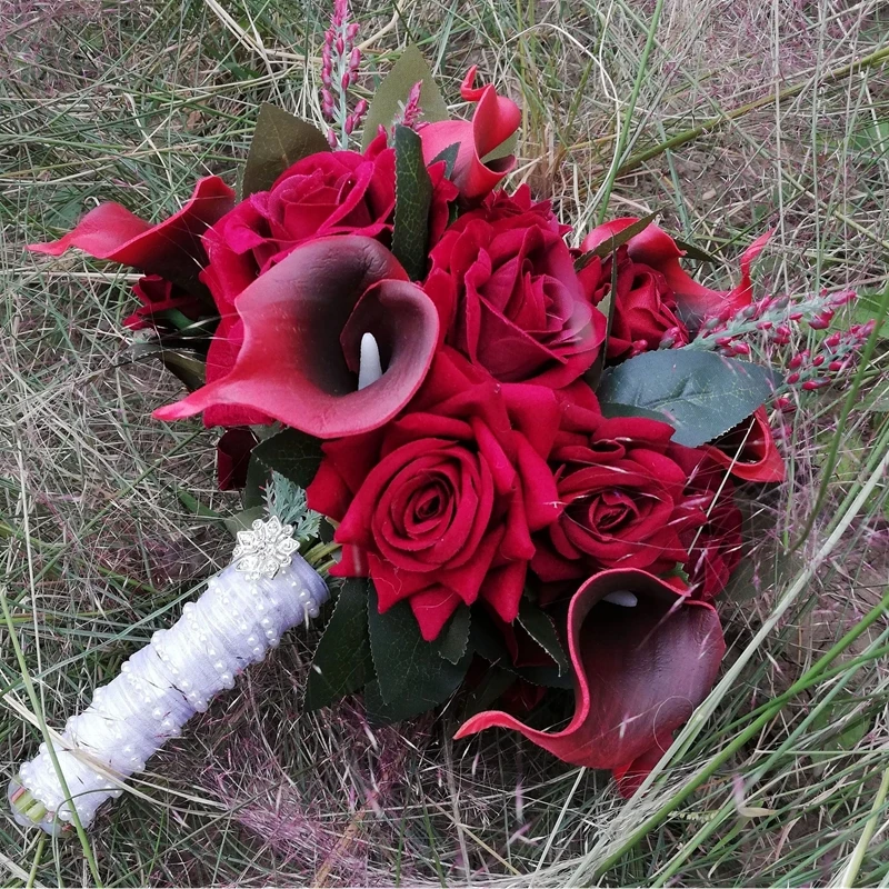 accessoires mariage bridal bouquet bride flower bouquet Red Calla Lily Rose Pearl Chain Combination Handheld Flower