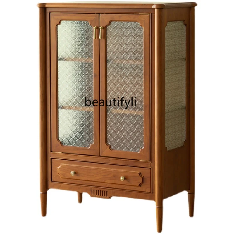 

Meijia Retro Curio Cabinet Solid Wood Log Low Side Cabinet Living Room Wall Home Double Door Wine Cooler