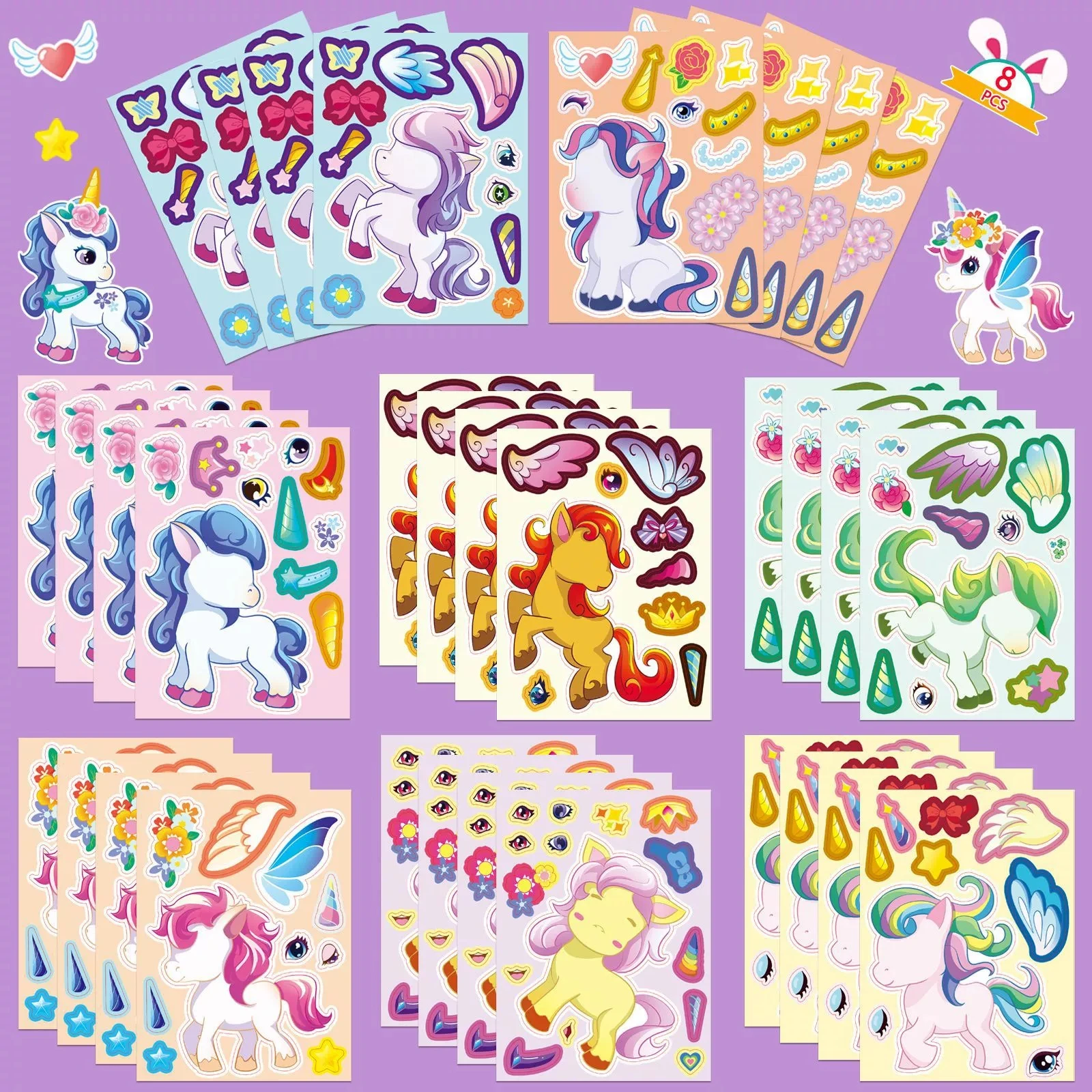 8/16/24 PCS Cute Cartoon Unicorn Face Changing Stickers Creative Waterproof Reward Decals for Stationery Scrapbook DIY Crafts
