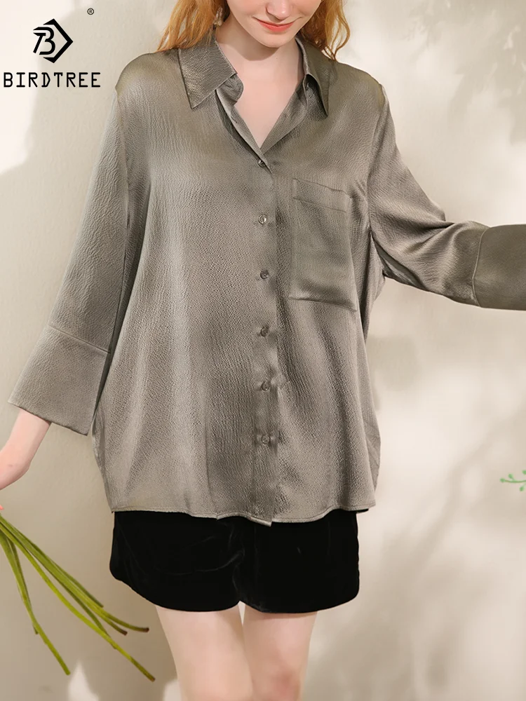 BirdTree, 100%Real Silk Elegant Shirts, Women Long Sleeve Turn-down Collar, OL Commute Blouses, 2024 Summer Autumn Tops T47152QM