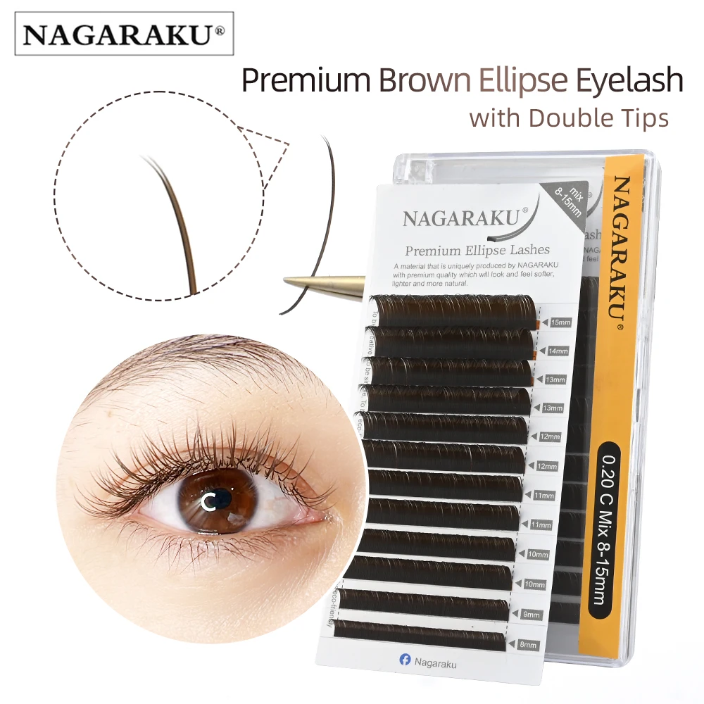 NAGARAKU Flat Ellipse Eyelash Split Tips Matte  Black Brown Color Super Soft Gentle Natural Eyelash Extension Flat Shape Lashes