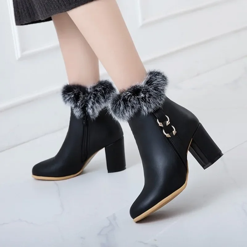 winter The New Rabbit hair fashion Round head Thick with 8CM boots white Plus velvet Keep warm High heel Women boots