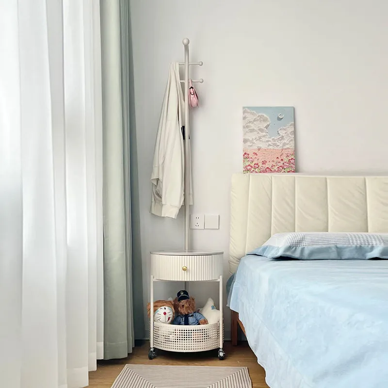 

Simple bedside table with wheels removable bedside table floor coat rack household bedroom cream wind hanger integrated