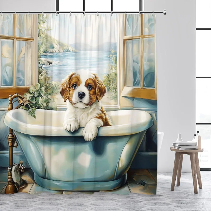 Cute Cats Shower Curtain Funny Animals Drift River Fish Rustic Flower Plant Fabric Home Bathroom Curtains Decoration With Hooks