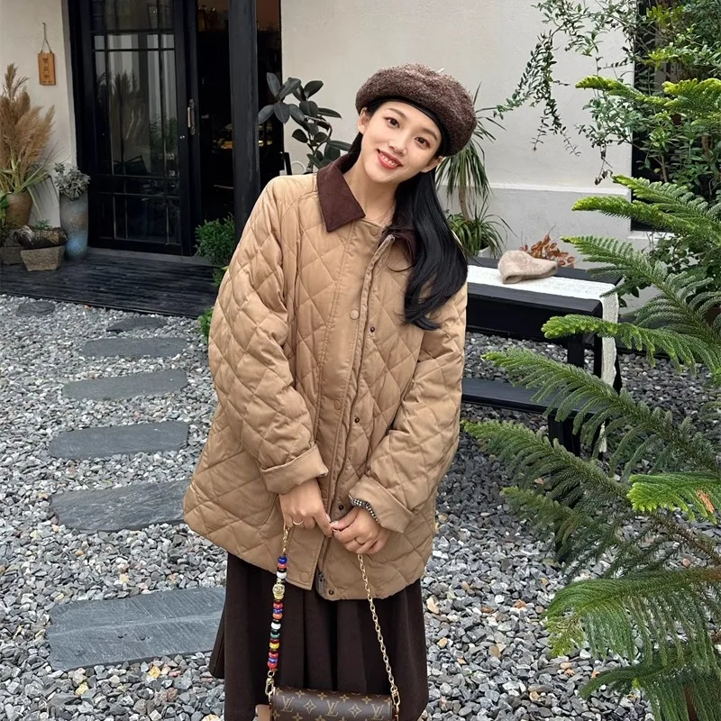 

Retro 90 White Goose down Wool Diamond id Hunt Suit Women Loose Corduroy Collar Jaet Warm Long Sve Regular Length