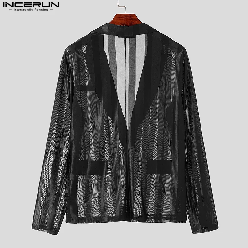 INCERUN Yakışıklı Yeni erkek Üstleri 2024 See-through Çizgili Takım Elbise Mont Moda Erkek Sıcak Satış Uzun Kollu Blazer S-5XL 2024