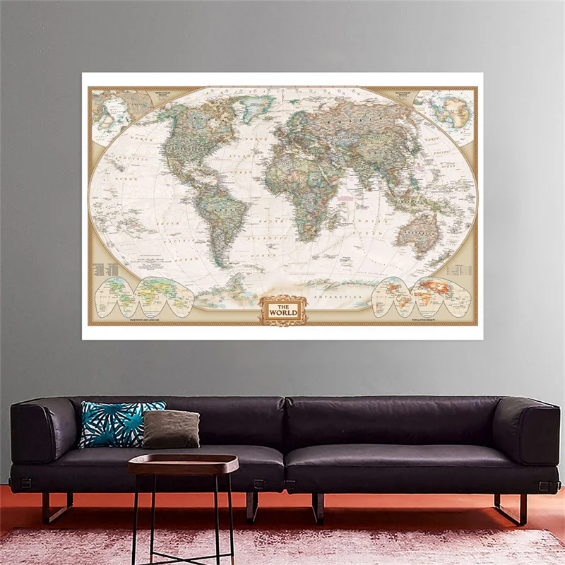 Não-tecido retro parede arte cartaz, o mapa do mundo vintage, pintura, material escolar, sala de estar, decoração de casa, 150x100cm