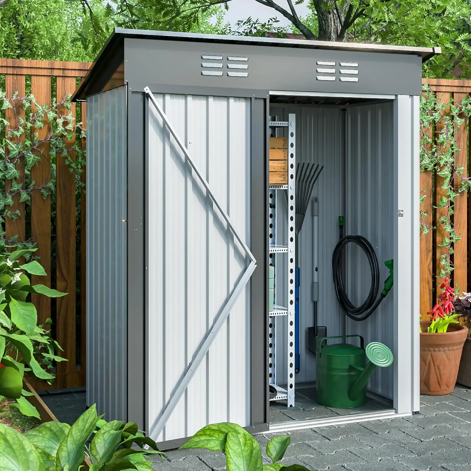 

Outdoor Storage Shed 5 X 3 Ft, Metal Garden Shed With Lockable Doors & Vents Openings, Outdoor Storage Clearance For Bike