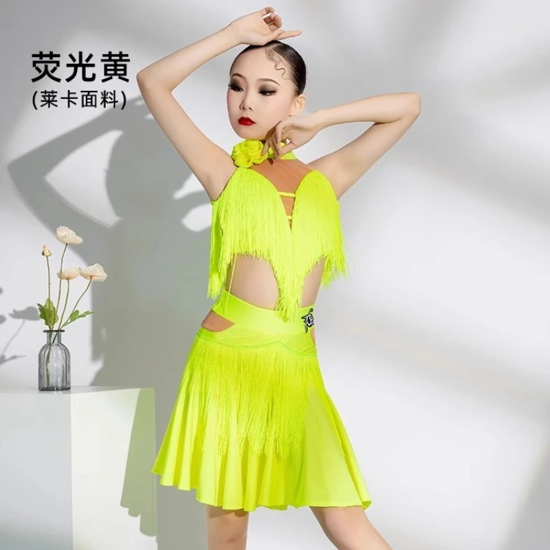 Advanced New Style Latin Dance Dress Girl Professional Training Dress Gauze Solid Color Ballroom Dance Irregular Fringe Costume