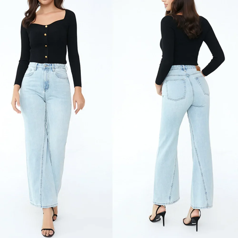 Spring and Summer New Thin Loose Flared Pants Light Blue High-waisted Cotton Twisted Seam Denim Pants Female