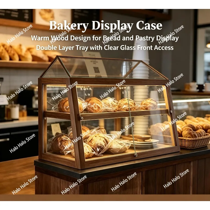 Solid Wood Glass Bakery Display Cabinet, Small Front Desk Bar Counter Showcase for Cake Coffee Shop Pastry Dessert Bread