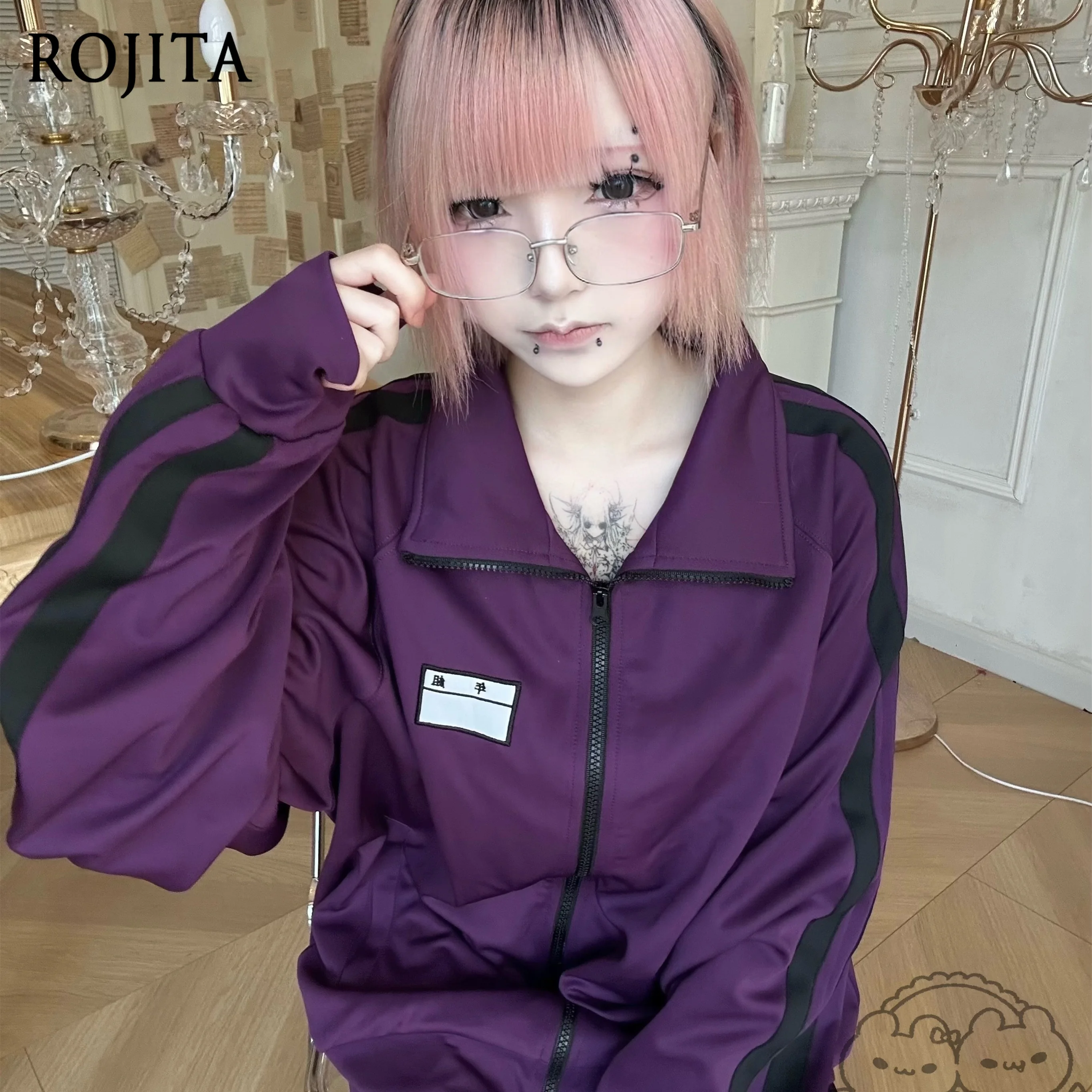 

Spring Autumn Loose Mid Length Jacket Purple Black Japanese Cute Sports Style Shorts 2025 New Two Striped Decorative Jacket