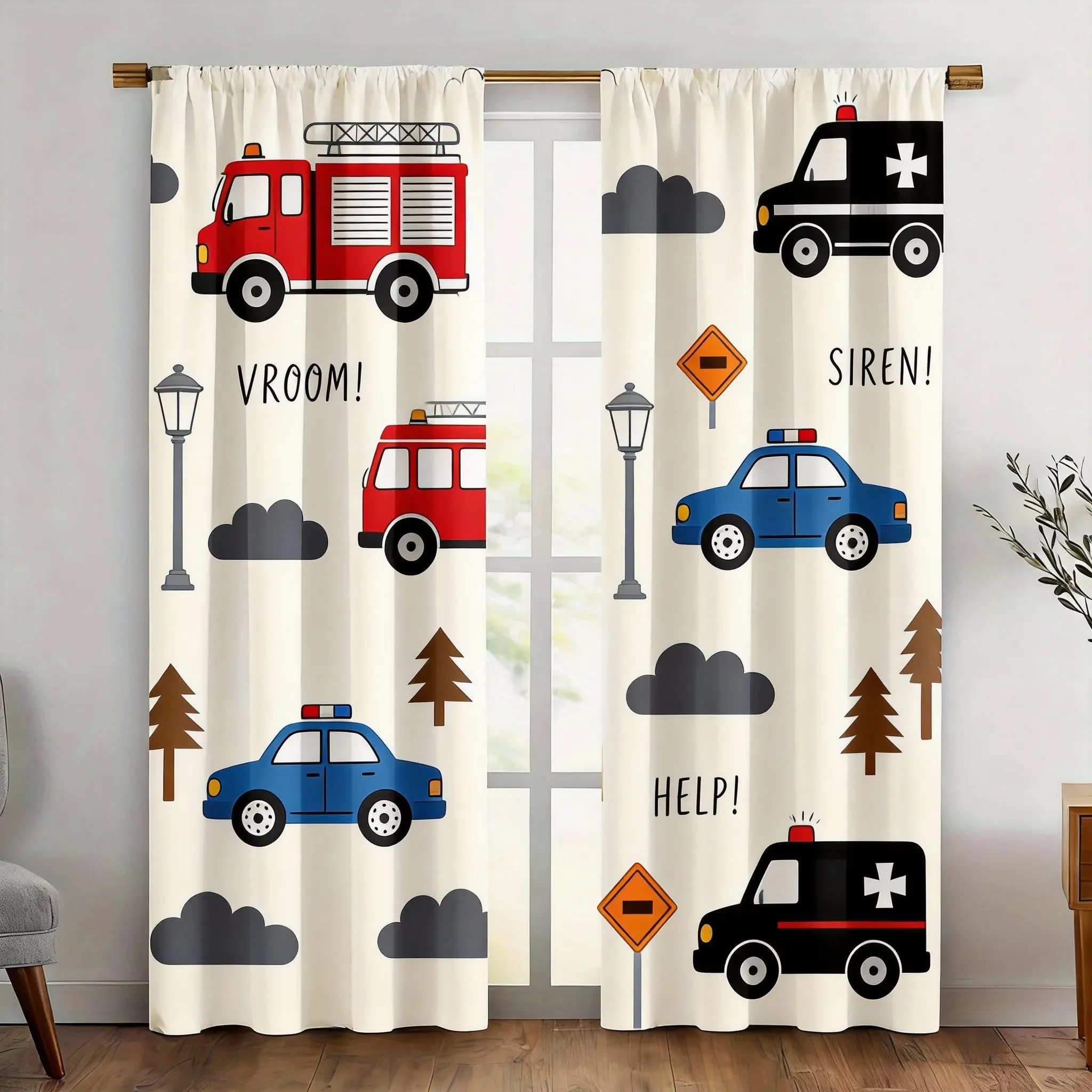 Kids’ Truck Curtains 2pcs – Cartoon Construction Vehicles with Trees & Clouds, Fun Playroom Decor for Boys’ Bedroom and Nursery