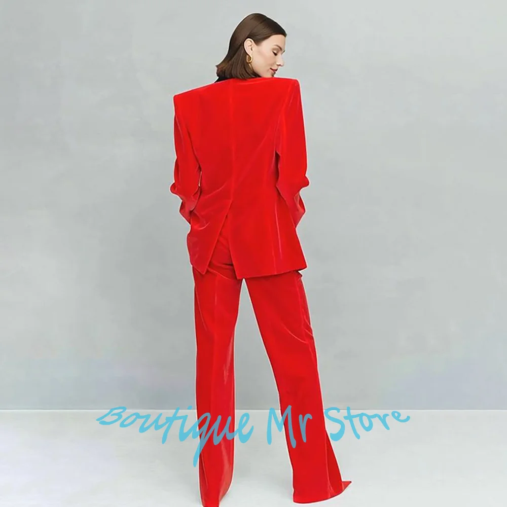 Gorgeous Women's Red Velvet Suit 2-Piece Jacket+Pants Set with Black Lapel Detail Elegant Formal Outfit Evening Party Attire