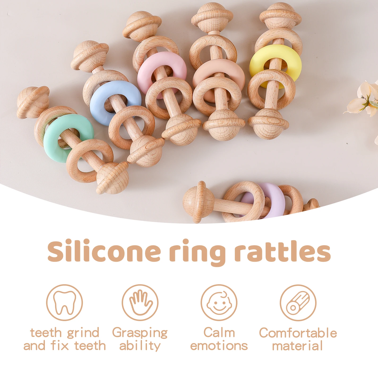 BPA-freie Babyspielzeuge Holzrasseln Silikon-Ringrasseln und Mobiles für Babys 0–12 Monate Sensorische Spielzeuge Holzbeißring Babygeschenke – Detail 2