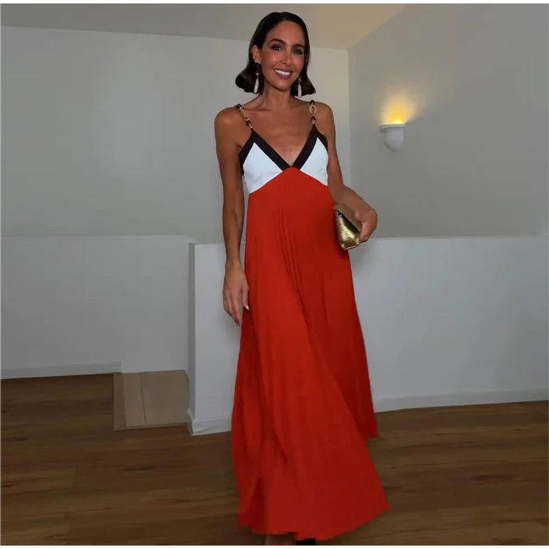 Kettenmuster-Maxikleid mit Spaghettiträgern, Farbblock-Design, V-Ausschnitt, A-Linie, Locker Geschnittenes Langes Kleid für Gäste und Partys, Sommermode 2026, Elegantes Abendkleid – Detail 14
