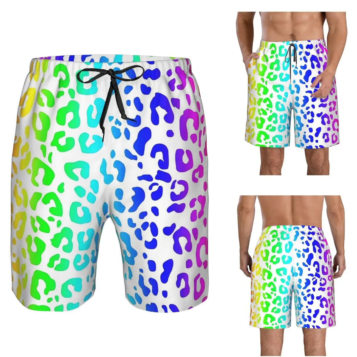 Rainbow And White Spots Leopard Print Trunks Beach Board Shorts Casual Quick Dry Swimming Summer Men Pants