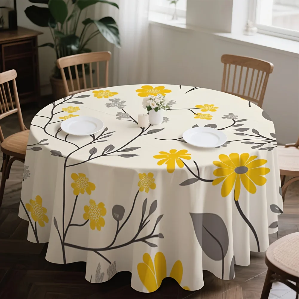 One-piece, yellowish-gray floral tablecloth with pleasing round design. Perfect for afternoon tea.xzj