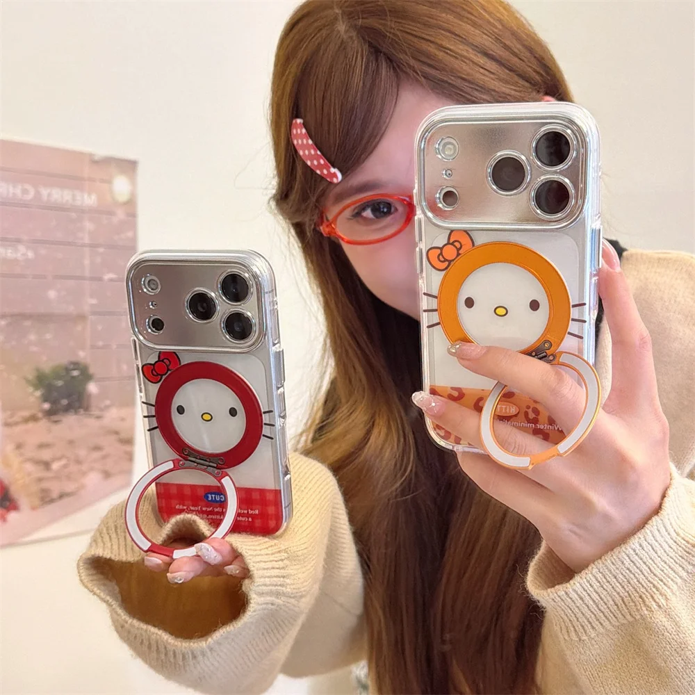 

Cute Hellokitty Half Clear Color Phone case for iPhone 16 Pro Max 15 Pro17 Pro Cases with 360° Rotate Stand Silicone Cover Funda