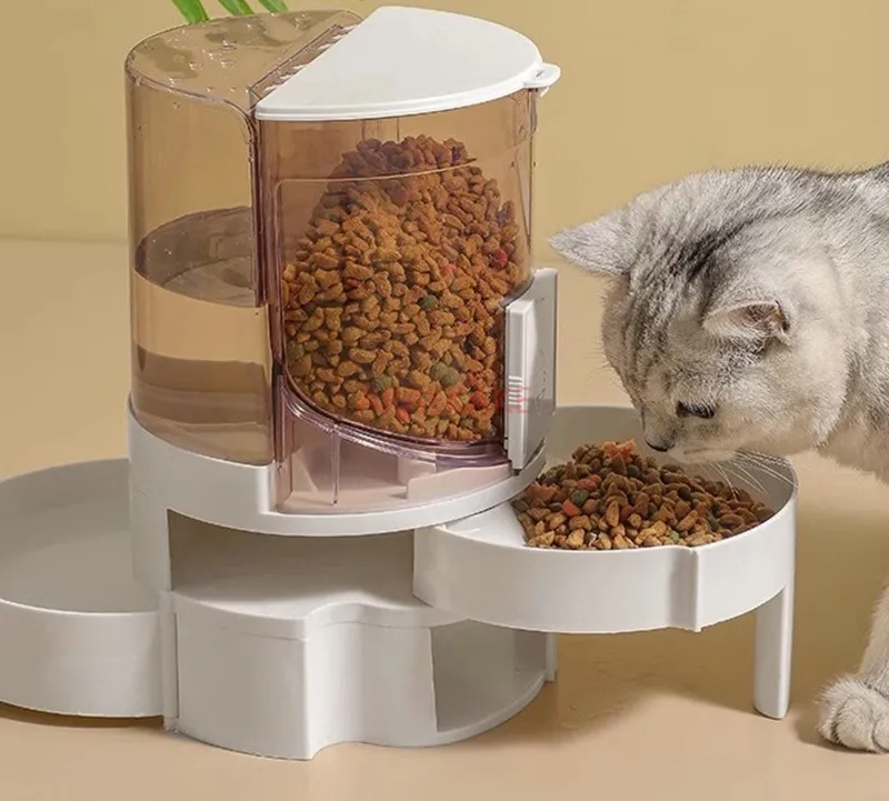 Cat automatic feeder, water dispenser, wet dry separation ladder, double-layer storage integrated pet cat basin