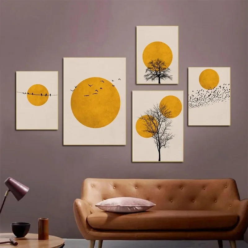 Thousands Of Birds With Sun Poster Yellow Tress Canvas Painting Abstract Landscape Print Wall Art Pictures For Living Room Decor