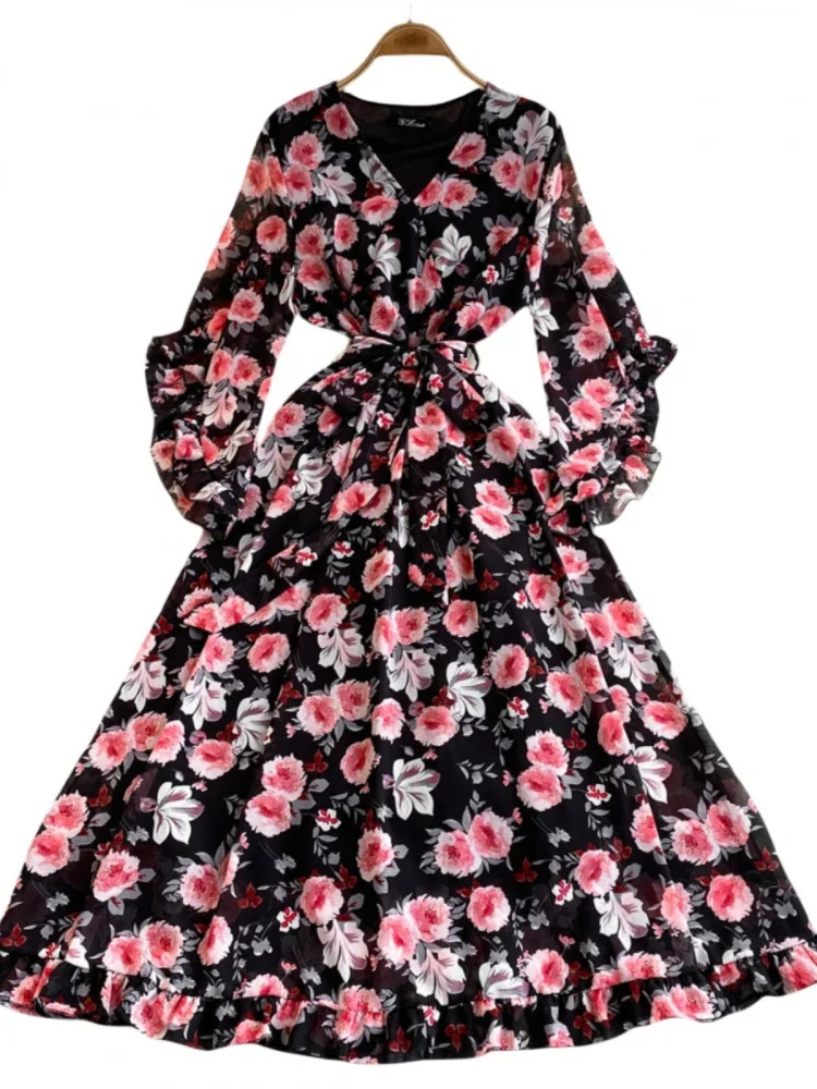 Boho scollo a V Abito lungo estivo da donna in chiffon con stampa floreale Chic casual fasciatura sottile vacanza al mare INS elegante abito a trapezio tunica