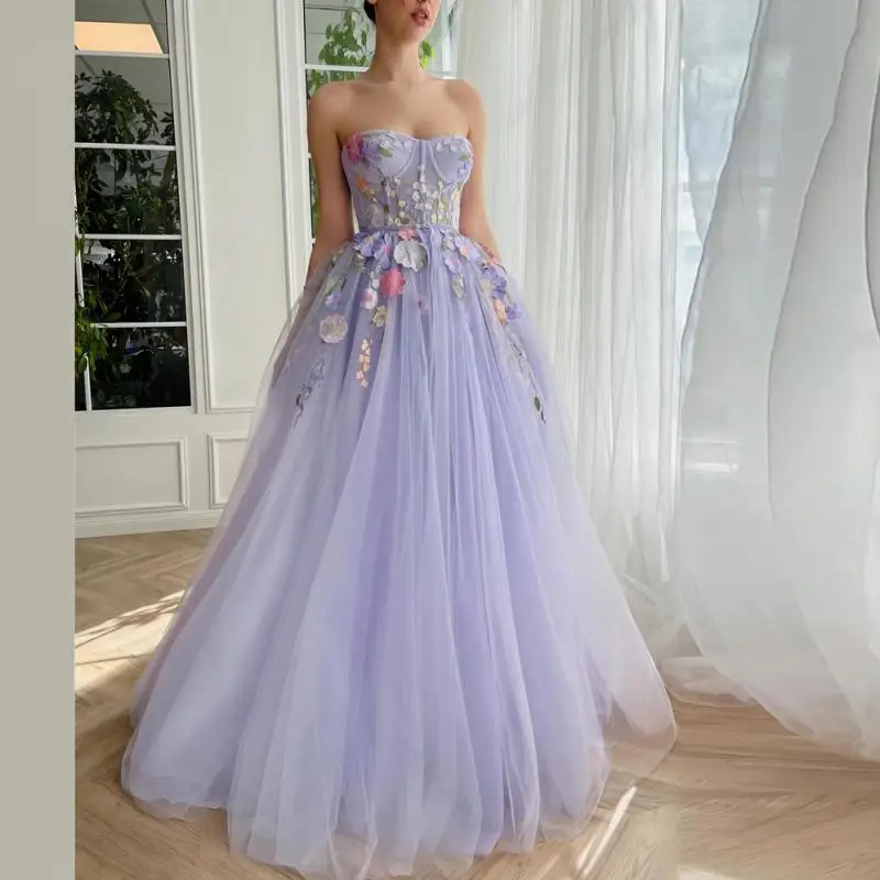 

Sweet Spaghetti Strap Prom Dresses Simple Sleeveless Floral Tulle Ball Gown Embroidery Floor-length A-line Vestido De Quincenera