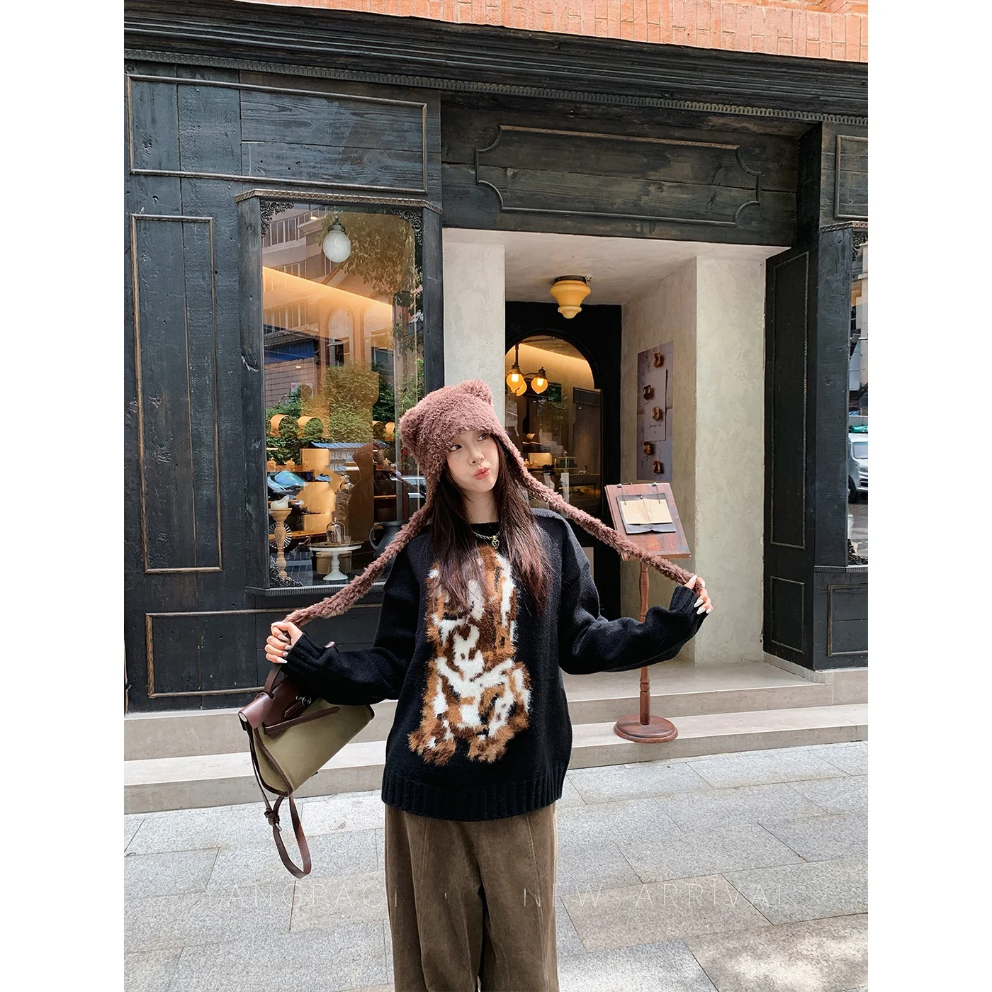 

Furry Dog Sweater Women's Loose round Neck Outerwear Knitted Long Sleeve Casual Style Comfortable Fit Autumn Season Fashion