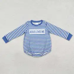 Jesus Loves Me Blue Stripes Print Baby Boys Fall Romper RTS Wholesale Boutique Infant Baby High Quality Factory Price Clothes