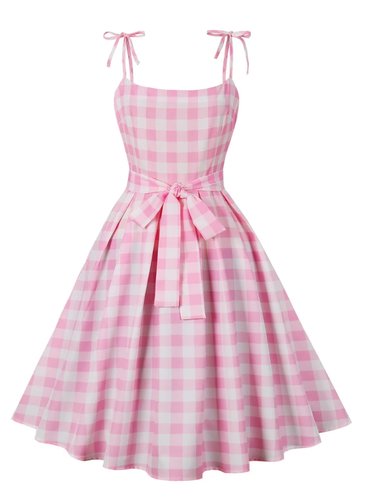 

APRIL MODA Vintage Women's Elegant Suspender Plaid Dress 2024 New Fashion Pink Waistband Puffy Dress Night Women Party Dresses