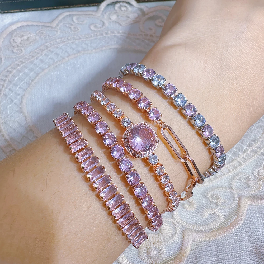 Pulsera de mano rosa para mujer, brazalete de tenis de lujo con circonita cúbica brillante, color oro rosa, estrella, brazalete rosa Y2K para mujer, regalo de Navidad