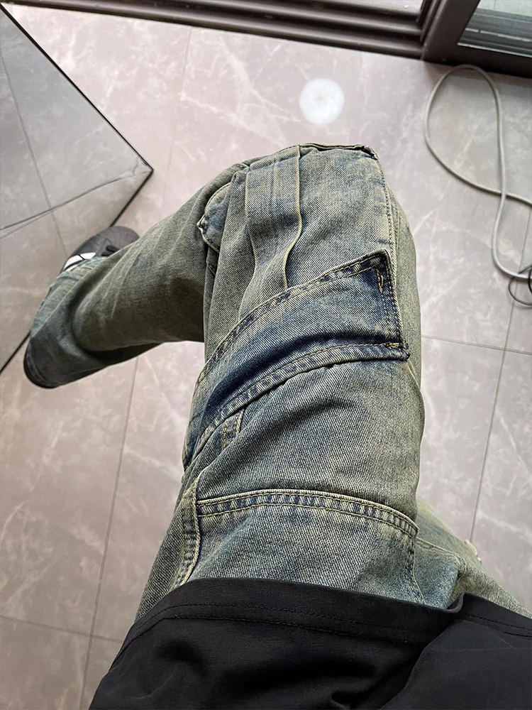 

Retro American Waed Multi-ket Workwear Wide Leg Men's Jeans Loose Straight Tube Trousers Autumn Spring Trendy Brand
