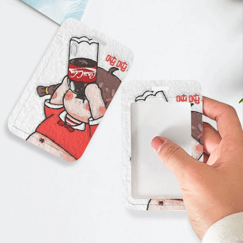 Coke Drinking Fat Girl Keychain Photo Sleeves Bus Card Protective Case Girls Door Card Case Credential Badge Holder with Lanyard