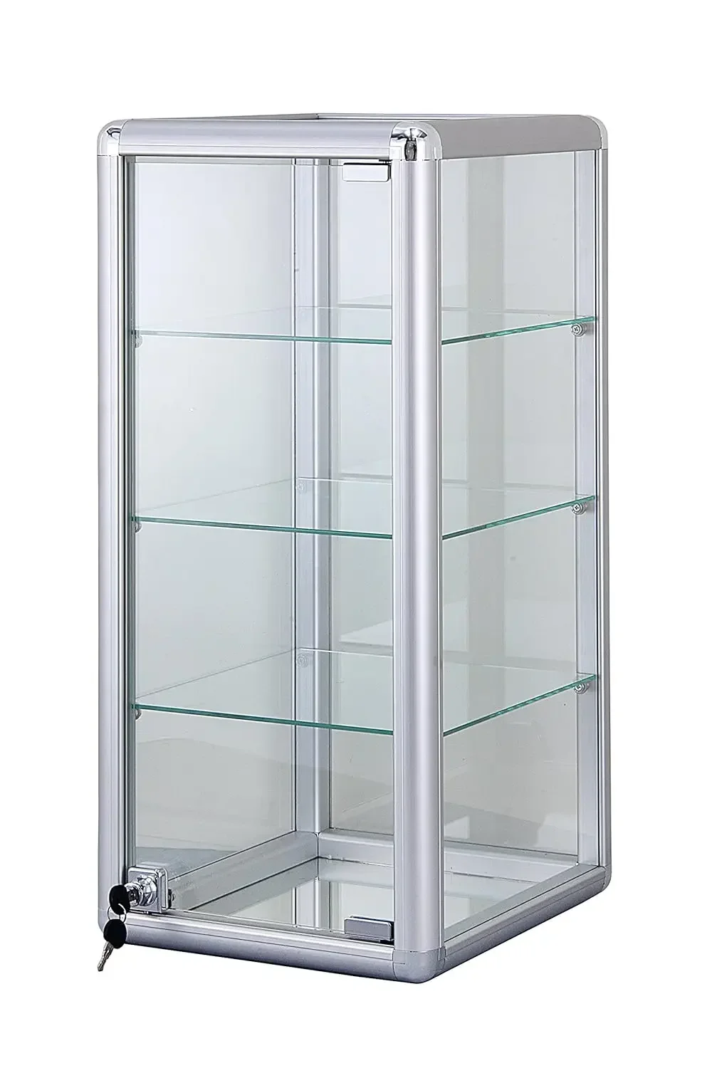 

Silver Showcase Elegant Silver Anodized Aluminum Vertical Display Case Table Top Tempered Glass Show Case.