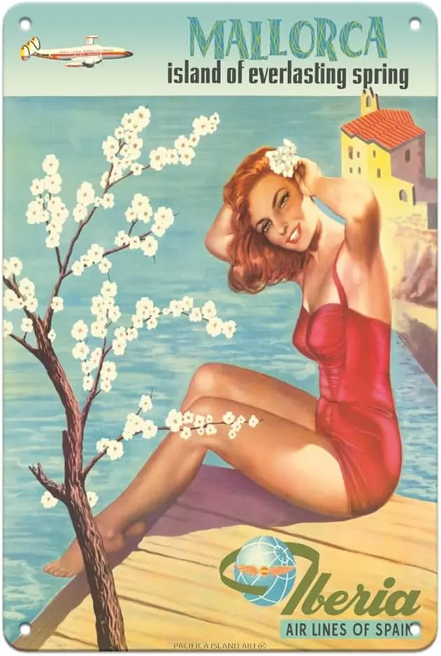 Mallorca Spain - Island of Everlasting Spring - Iberia Air Lines - Vintage Airline Travel Poster c.1950s - 8 x 12 inch Vintage M