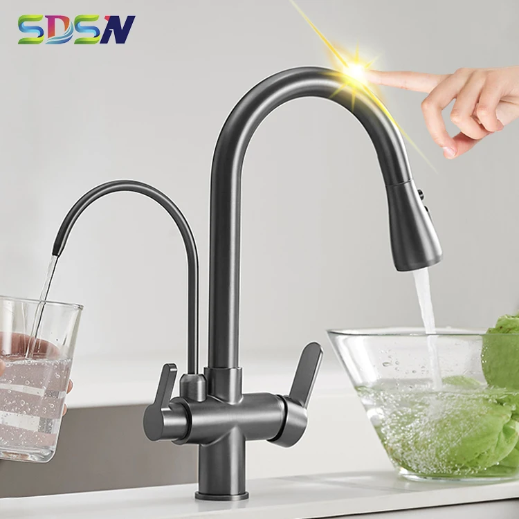 Gray Touch Filter Kitchen Faucets 3 In 1 Drainking Water Tap Hot Cold Pull Out Kitchen Mixer Tap Smart Sensor Touch Kitchen Taps