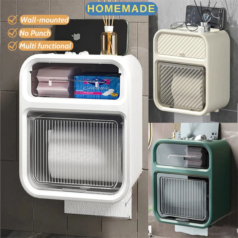 Multifunctional Double Layer Toilet Paper Storage Box Wall Mounted Punch-Free Waterproof Bathroom Tissue Holder With Drawer