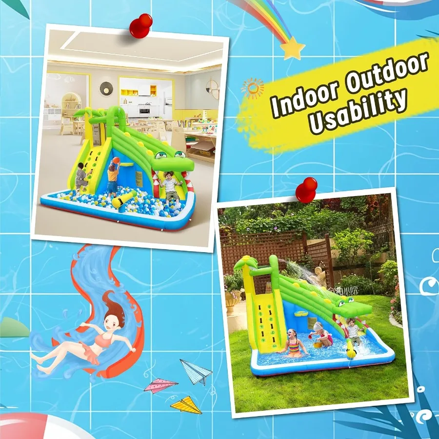 インフレータブルウォータースライダー：5 in 1 クロコダイル型エアー遊具（スプラッシュプール、キャノン、クライミングウォール、バスケットボールリム、480W送風機付き）