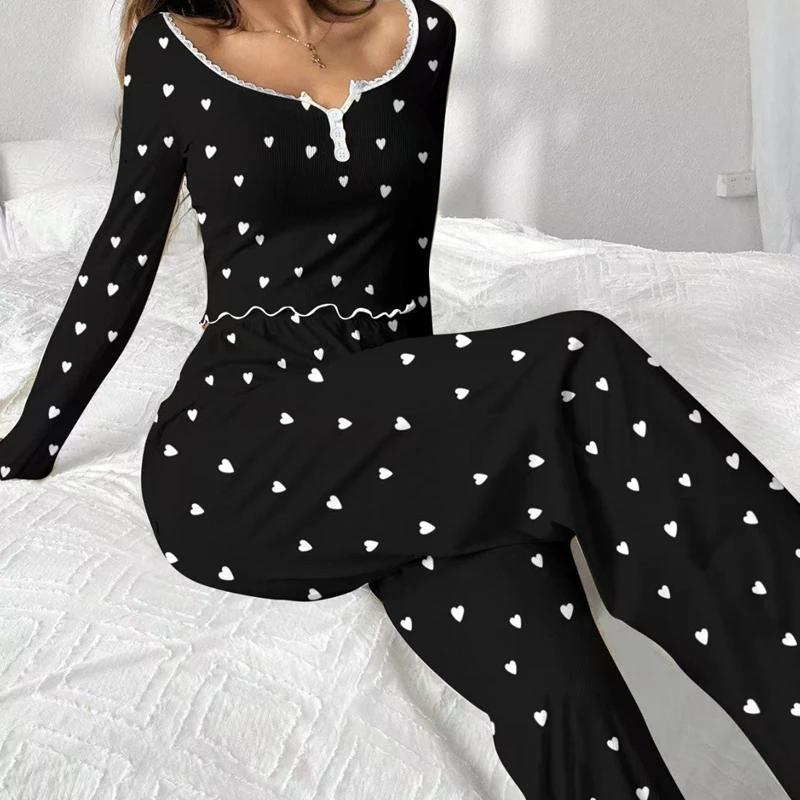 

Сексуальный комплект для отдыха с принтом сердца, укороченный топ с длинными рукавами и длинные брюки, мягкая дышащая женская уютная домашняя одежда, одежда для дома