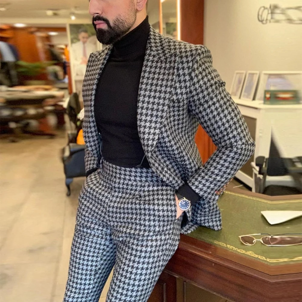 Traje De cuadros grises para Hombre, abrigo De un solo pecho, pantalones De diseño, ropa De novio, esmoquin De boda, Elegante, 2 piezas