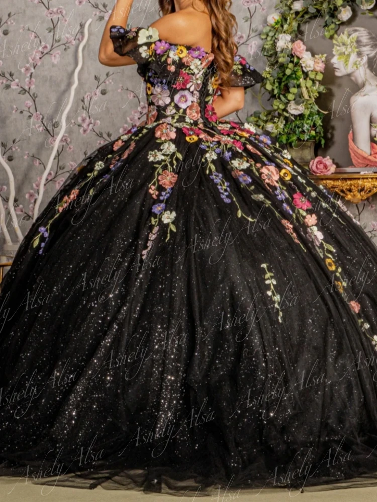 Customized Elegant Gothic Black Women Prom Dresses Flower Applique Ball Gown Dance Queen Sweet 15 16 Quinceanera Party Formal