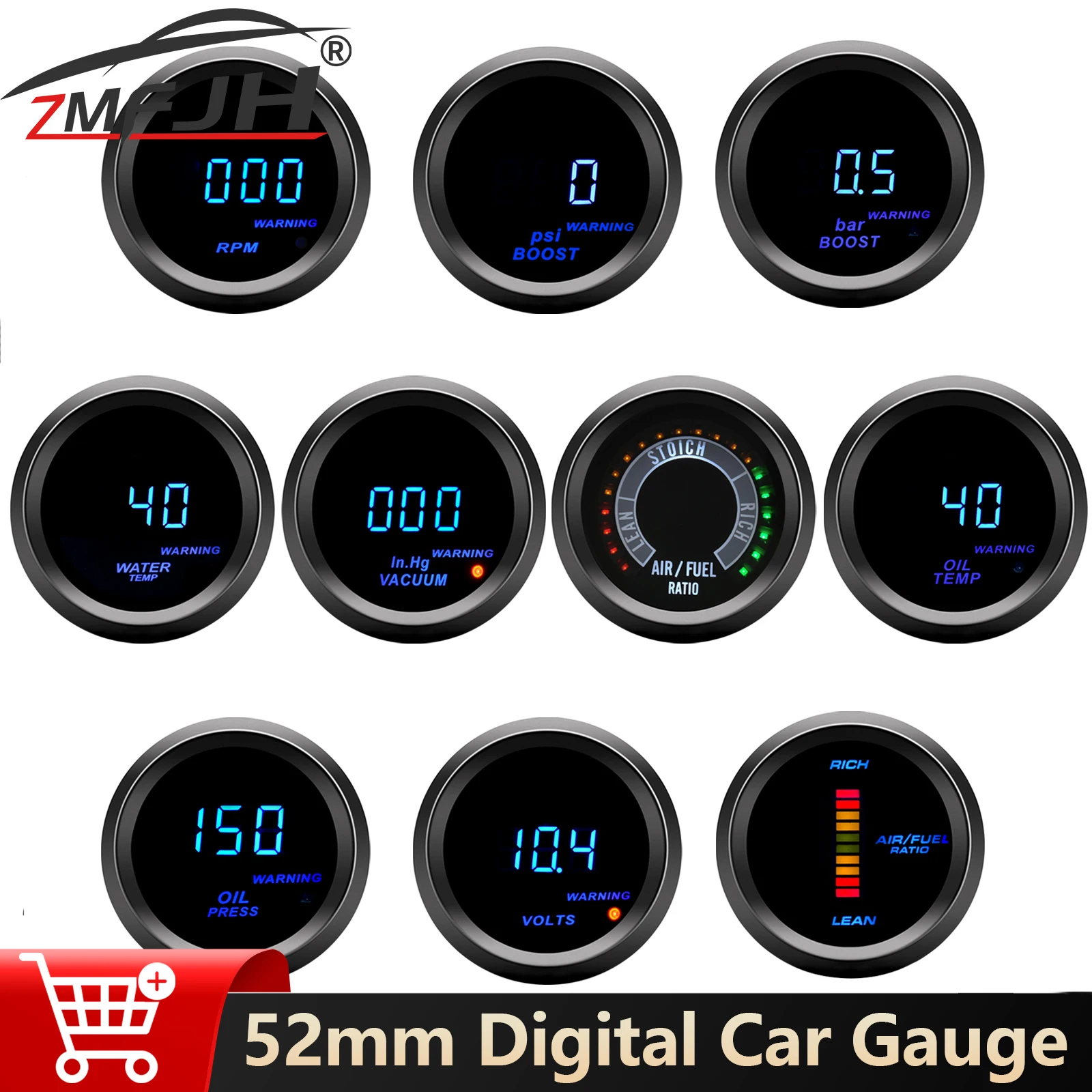 

52 мм автомобильный датчик наддува, давление давления масла, температура воды, температура масла, тахометр, вольтметр, вакуумный датчик соотношения воздуха и топлива для автомобиля 12 В