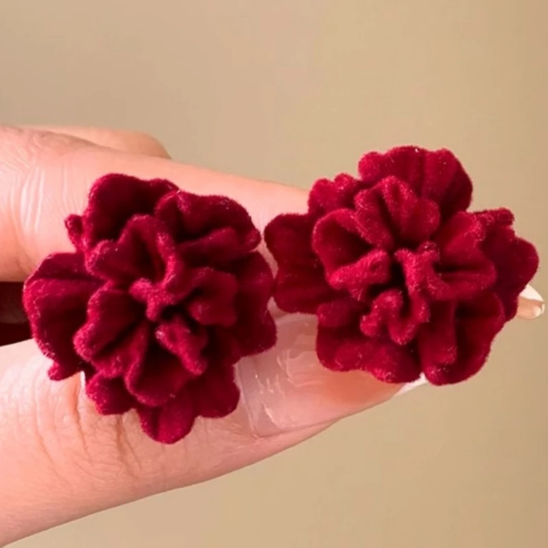 Pendientes de Terciopelo Rojo Vino con Forma de Flor para Mujer, Pétalos Plegados, Pendientes Inusuales, Joyería Vintage para la Oreja, Accesorios para Bodas y Fiestas