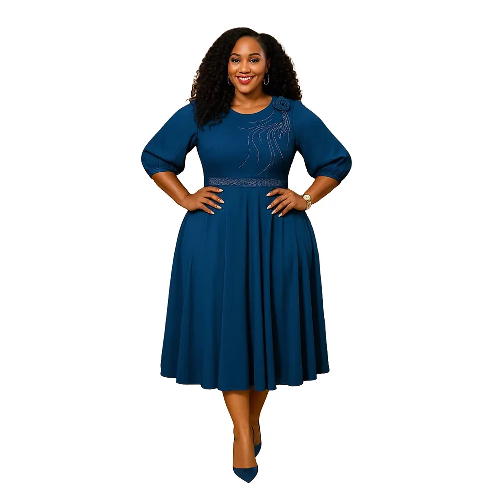 New Summer 2025 fashion round-neck half-sleeve dress with rhinestones for women