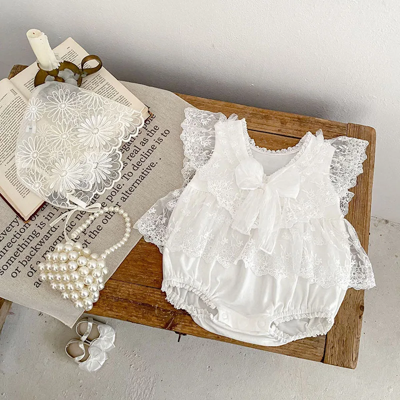 

MILANCEL New Summer Baby Bodysuit 0-2Y Infant Lace Bow Decorated Jumpsuit Toddler Soft Cute Outwear