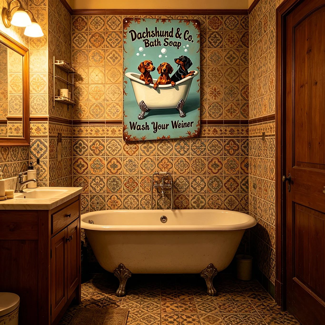 Vintage „Dachshund & Co. Badeseife“ Wasch deinen Wiener Metall Schild - Retro Lustig Hund Badezimmer Wanddekoration