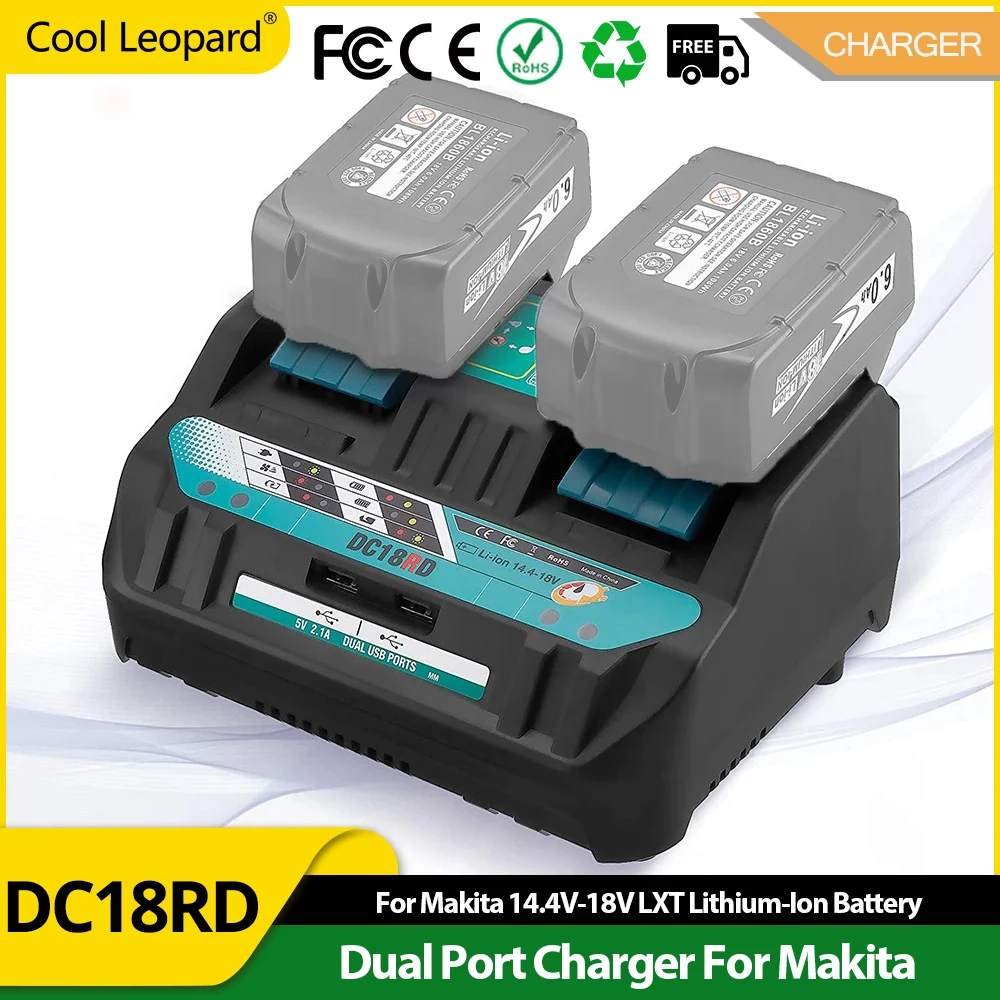 

18V DC18RD Dual Ports Battery Charger for Makita 14.4V-18V LXT Lithium-Ion Battery BL1415 BL1430 BL1830 BL1840 BL1850 BL1850B